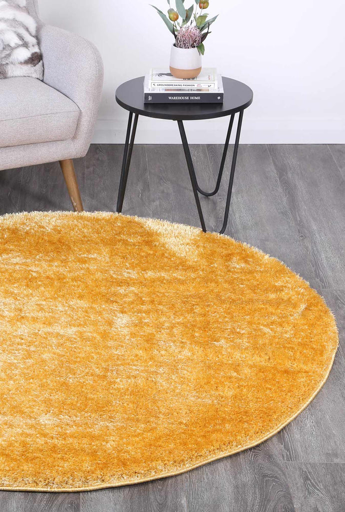 Puffy Soft Shaggy Round Rug  Mustard Yellow